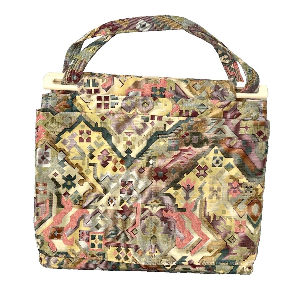Vtg TOBY WESTON Tapestry Hand Bag Purse Satchel Pockets Wood Handles USA Cottage